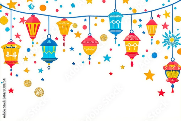 Obraz Holy month of Muslim community, Ramadan Kareem celebration greeting card with colorful hanging Arabic lamps.