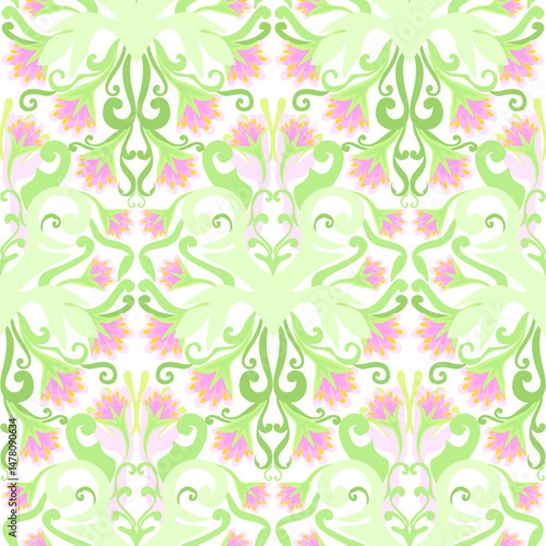 Fototapeta Damask style colorful swirl pattern, blooming flowers, green, pink, yellow colors. Seamless floral pattern-720.