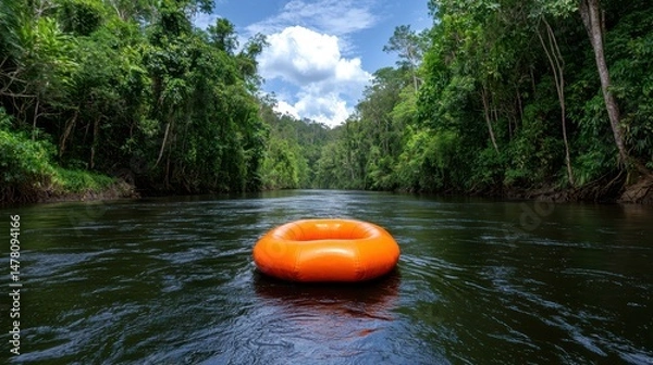 Fototapeta Orange tube floating on a dark river, surrounded by lush green tropical rainforest. Sunlight streams through the dense canopy above. Peaceful and serene atmosphere.