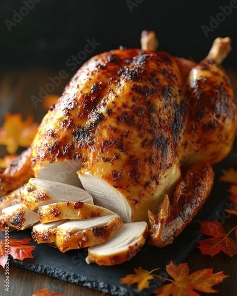 Fototapeta Roasted whole chicken with slices on a slate plate