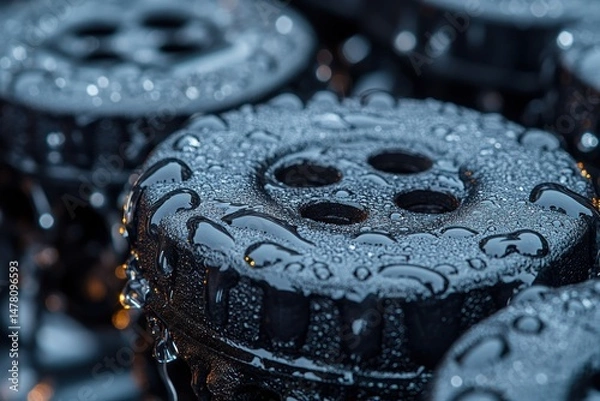 Fototapeta Close-up of wet, dark buttons with water droplets