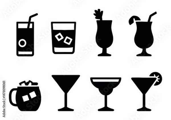 Fototapeta Cocktail drinks icons set, solid style, beverages, elegant, perfect for app or web ui