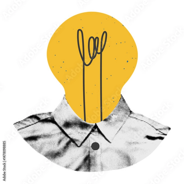 Fototapeta Trendy halftone collage element. Person, businessman, expert with light bulb instead head. Idea, brainstorming, problem solution concept Modern retro sticker for mixed media design vector illustration