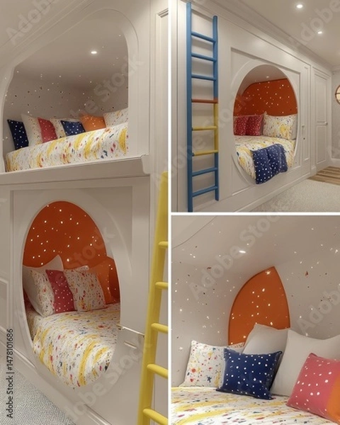 Fototapeta Whimsical, built-in bunk beds with circular alcoves.  Bright, colorful, and playful children's room design