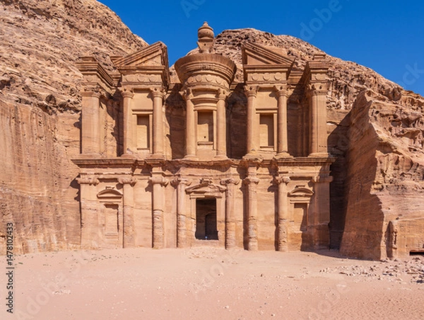 Obraz Destination of the Ad Deir trail is the Monastery carved out of the rock face and more likely used for ritual banquets above Petra