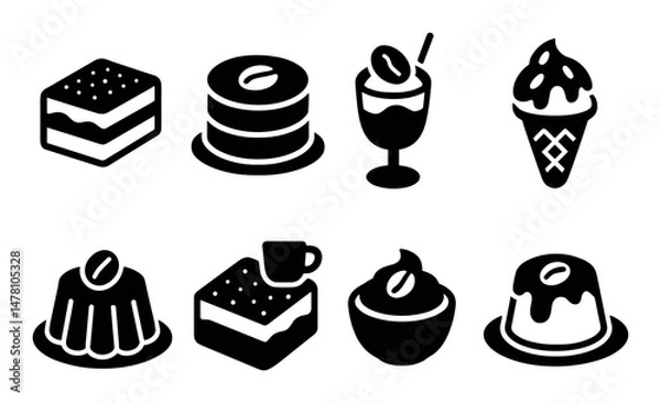 Fototapeta Icon set of various delicious desserts in black and white style