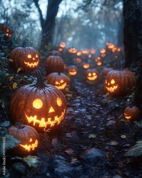 Fototapeta Jack-o'-lanterns line a spooky forest path.  Illuminated gourds create a mysterious atmosphere