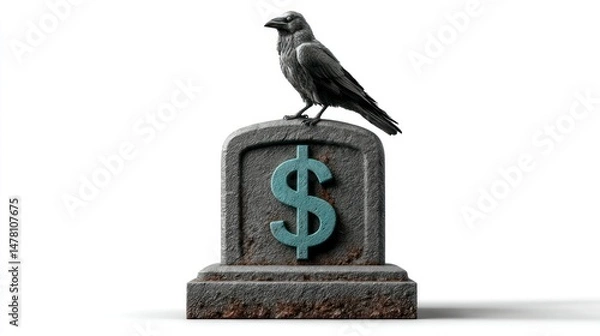 Obraz A crow perched atop a weathered tombstone with a dollar sign symbolizing financial decay and e