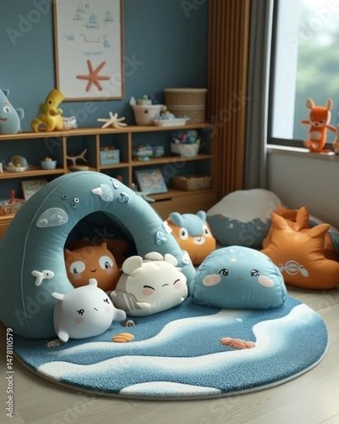 Fototapeta Playful, cozy play area with soft, decorative elements.  A child's den or imaginative play space, featuring a round rug, a teepee, and soft animal-shaped pillows
