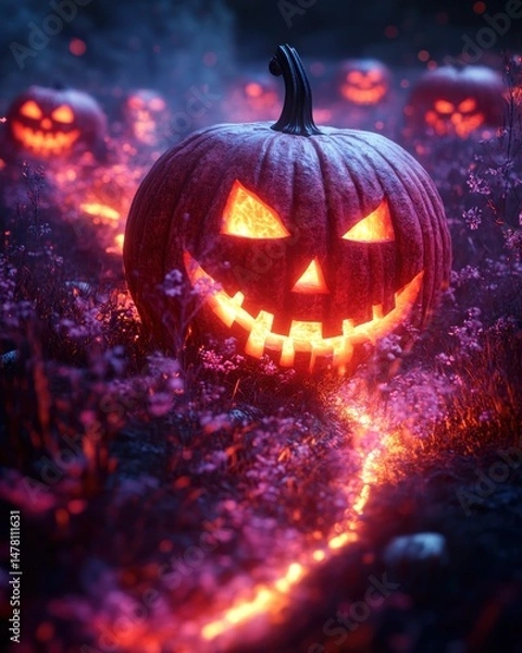 Fototapeta Illuminated jack-o'-lanterns in a mystical night setting.  Fiery trails winding through glowing flowers