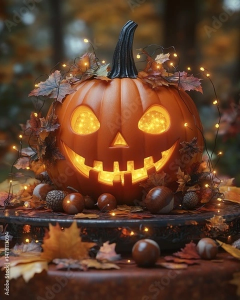 Fototapeta Illuminated Jack-o'-lantern adorned with autumn leaves and fairy lights
