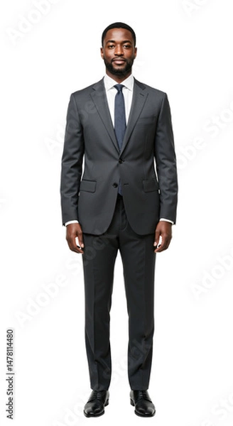 Fototapeta Full-length studio portrait of a confident young adult Black businessman in a sharp grey suit and tie, standing formally against a plain transparent background.