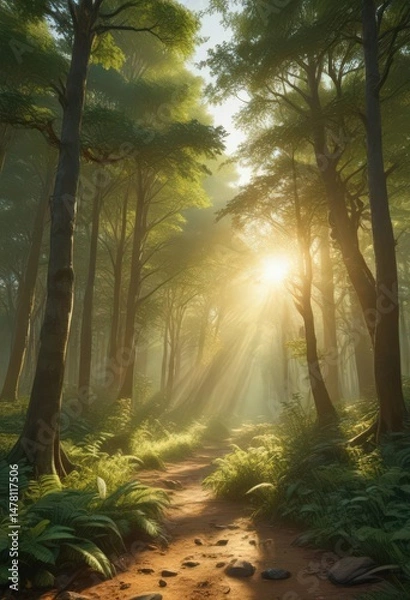 Obraz Golden sunlight streams through emerald canopy, dappling forest floor ,  outdoor,  undergrowth,  forest