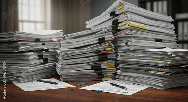 Fototapeta Overload of paperwork stacks representing administrative burden and backlog