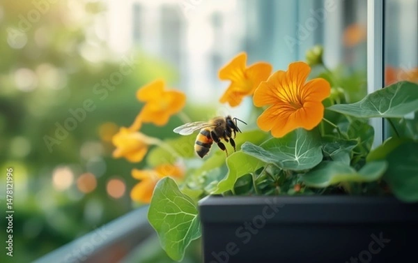 Fototapeta Honeybee on a Vibrant Orange Flower, Capturing Nature's Beauty