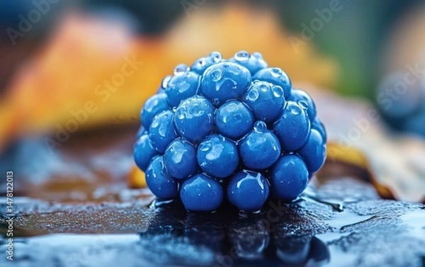 Fototapeta Close-up of a vibrant blue berry with water droplets. A captivating image of a fresh, juicy berry, perfect for food photography or nature enthusiasts.