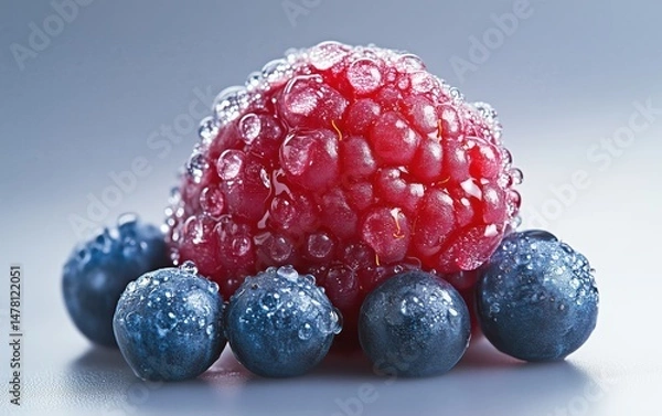 Fototapeta Close up of juicy raspberries and blueberries with water drops. A delightful display of healthy and fresh summer fruits.