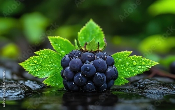 Fototapeta Close-up of a Fresh Blackberry with Dew Drops on Leaves