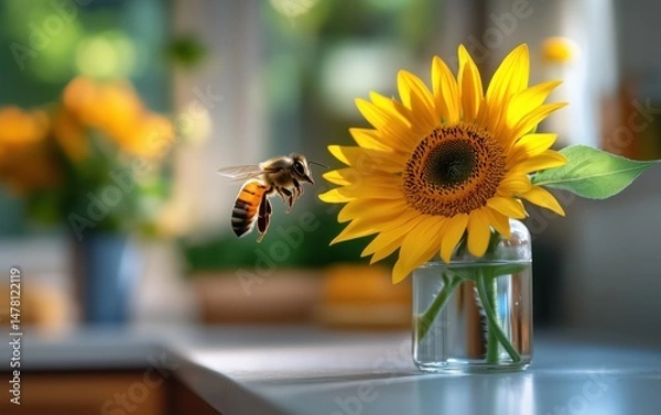Fototapeta Honeybee Buzzing Around a Vibrant Sunflower in a Home Garden