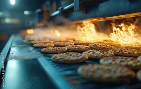Fototapeta Industrial Bread Baking Process. Freshly Baked Bread on a Production Line