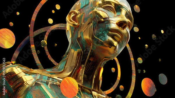 Obraz hyper-detailed surreal golden creature, hybrid of insect and machine
