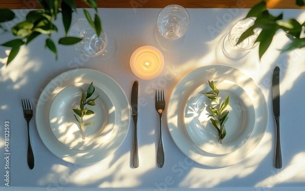 Fototapeta Elegant Dining Table Setting with Fresh Greenery and Soft Light
