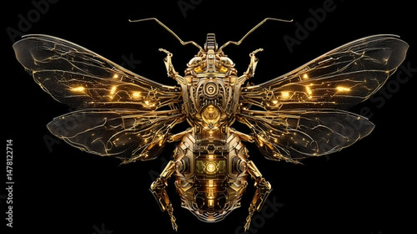 Obraz hyper-detailed surreal golden creature, hybrid of insect and machine