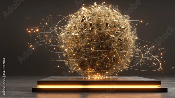 Obraz exploding geometric orb made of gold shards and glowing wires