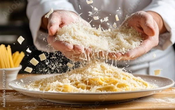 Fototapeta Chef's Hands Sprinkle Grated Parmesan Cheese on Pasta