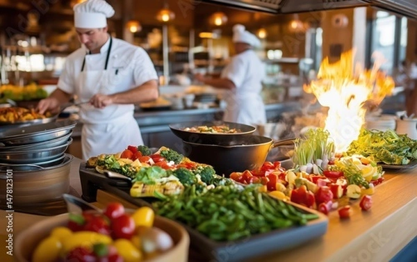 Fototapeta Delicious Buffet Food Display with Chefs in Action