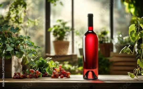 Fototapeta A bottle of red wine in a beautiful garden setting. Perfect for a relaxing summer evening. Enjoy the taste of freshness and quality.