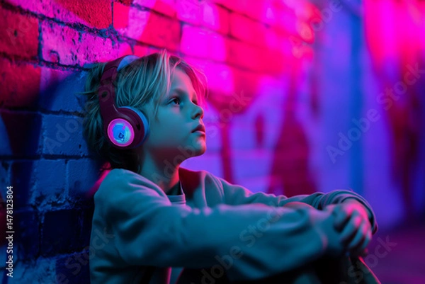Obraz child wearing large headphones, sitting against glowing neon graffiti wall