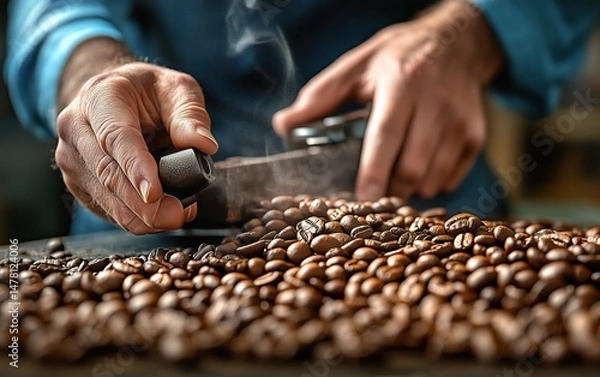 Fototapeta Expertly Preparing Coffee Beans: A Detailed View of the Process
