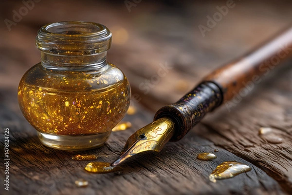 Obraz A macro close-up photo of a traditional calligraphy brush resting next to a glass ink bottle filled with shimmering golden ink