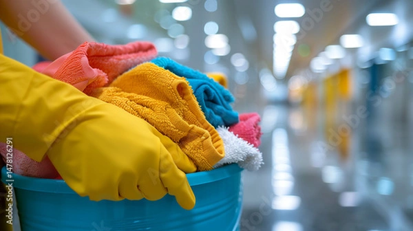Obraz Close-up of a hand wearing a yellow glove holding a bucket full of bright colorful cleaning brushes