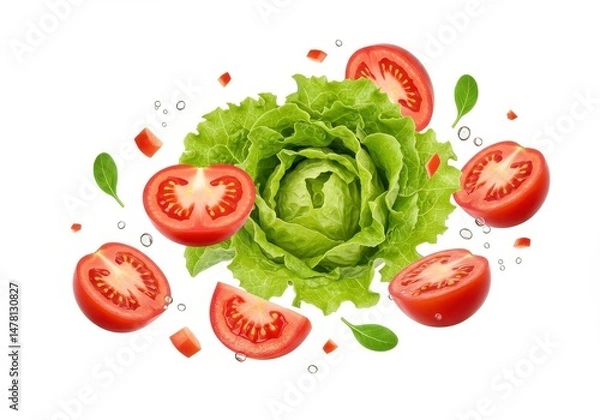 Fototapeta Fresh green lettuce head surrounded by sliced red tomatoes and water droplets on white
