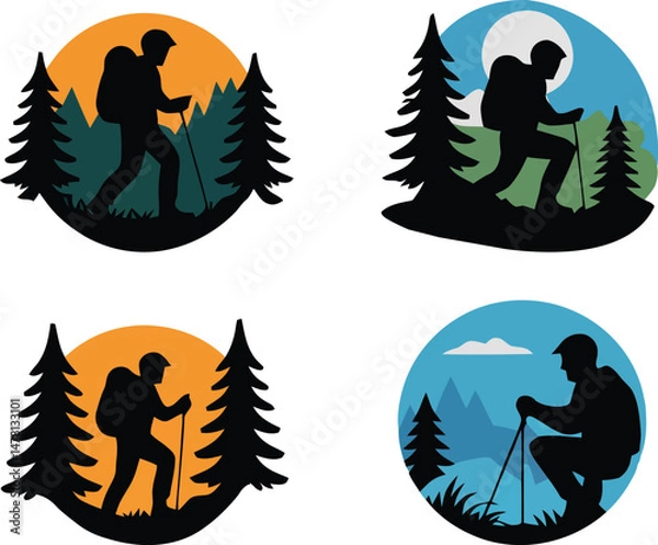 Fototapeta Collection of adventure outdoor hiking silhouette illustrations with trees and mountain views