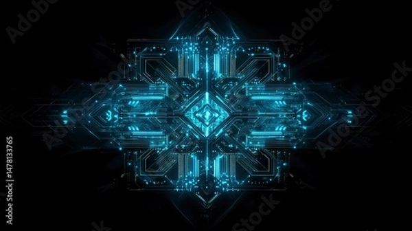 Obraz Cybernetic Mandala: Glowing Blue Circuits in Dark Abstract Art