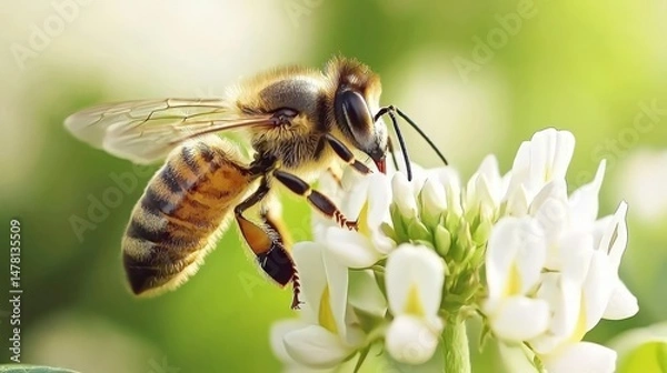 Obraz Honeybee Landing on White Clover Flower with Slight Motion Blur