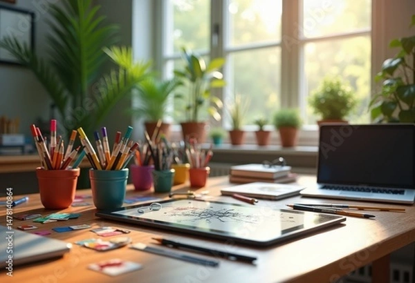 Fototapeta colorful digital art supplies bright workspace background creative studio inspiration, workspaceinspiration, drawing, tools, brushes, pens, artboard