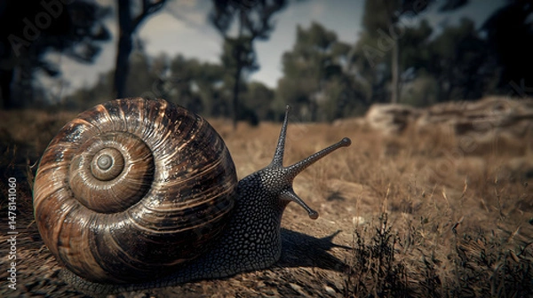 Fototapeta A snail crawls on dry, earthy ground in a forest. Its shell is patterned, and the snail's body is dark.  Background shows trees and a weathered log