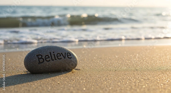 Obraz Stone with the word 'Believe' on sandy beach by the ocean  