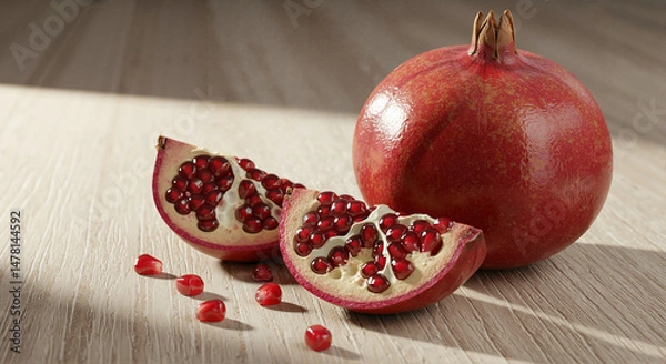 Obraz Fresh pomegranate fruit with sliced pieces and seeds on wooden table  