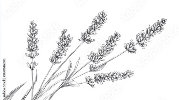 Obraz botanical sketch of lavender, hand-drawn with black ink on white paper, naturalistic detail and delicate linework