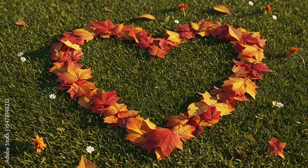 Obraz Heart shape made of autumn leaves on green grass background  