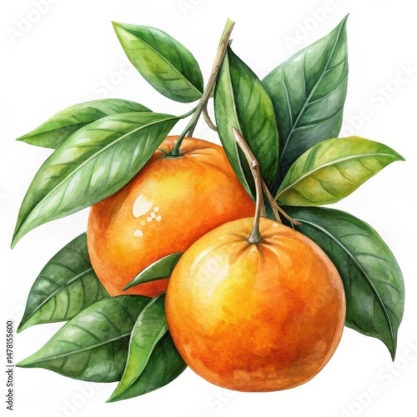 Fototapeta Watercolor painting of two oranges on a branch with lush green leaves isolated on white