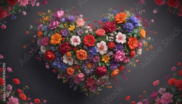 Obraz Whimsical hand-drawn heart overflowing with vibrant blooms & symbolic details , botanical, nature