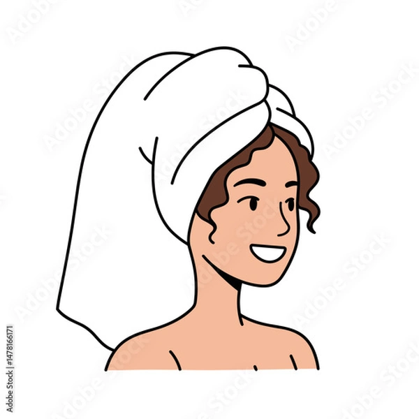 Obraz Young woman with dangling strands of hair smiling with towel wrap on her head in a casual style  