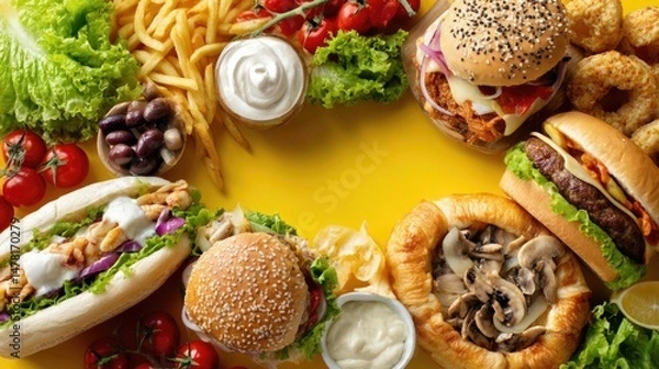 Fototapeta Diverse Array of Fast Food Items on Yellow Background Display