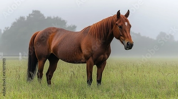 Fototapeta Chestnut Horse in Misty Field: A majestic chestnut horse stands serenely in a misty field, its rich coat contrasting beautifully with the soft green grass.